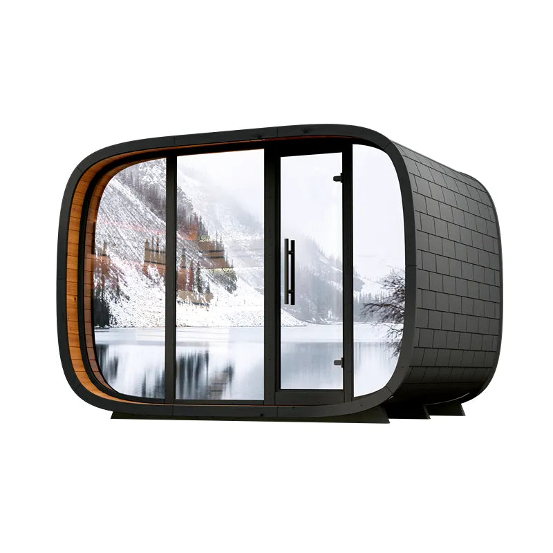 Leil® Round Cube Double Premium Gartensauna 2 Räume mit schwarzem Außengehäuse, orangefarbenen Akzenten und großen Panoramafenstern