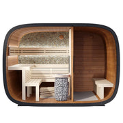 Leil® Round Cube Double Premium Gartensauna 2 Räume Innenansicht mit Holzbänken, Saunaofen und Steinwand