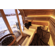 Leil Round Cube Mini – Gartensauna 4 Personen Innenraum mit Holzbänken, Saunaofen und großem Fenster zum verschneiten Garten