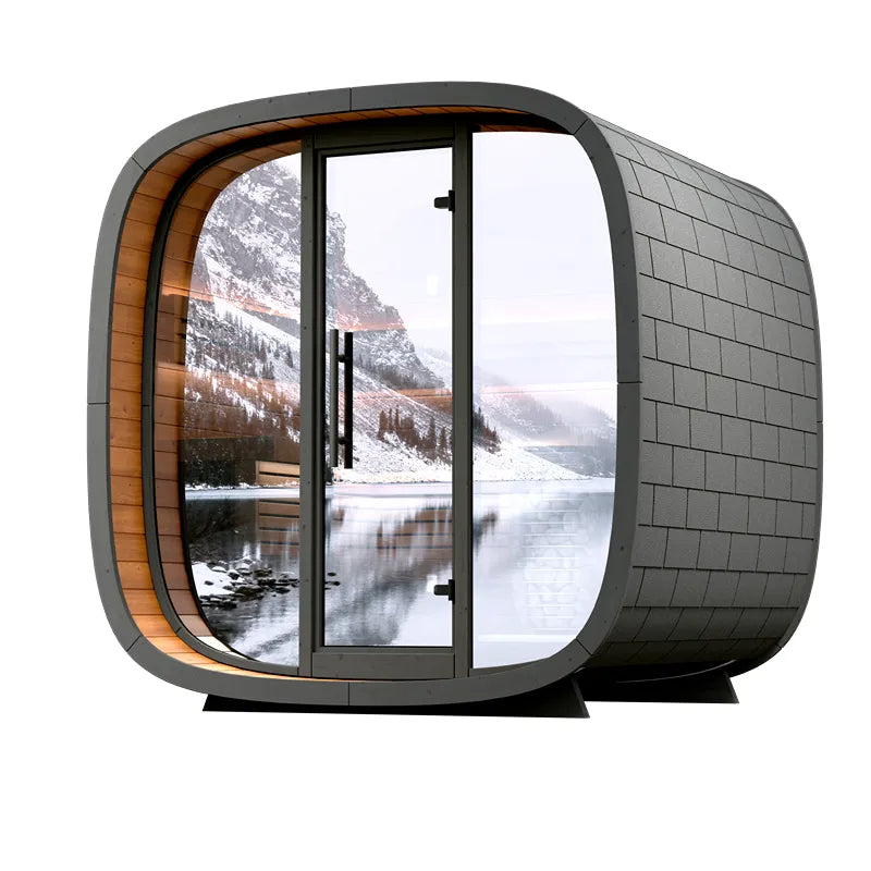 Leil Round Cube Mini Gartensauna 4 Personen mit großem Fenster, Blick auf Berglandschaft und See