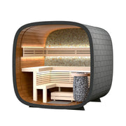 Leil Round Cube Mini Gartensauna 4 Personen mit rundem Design, Holzinnenraum, Holzbänken und Saunaofen