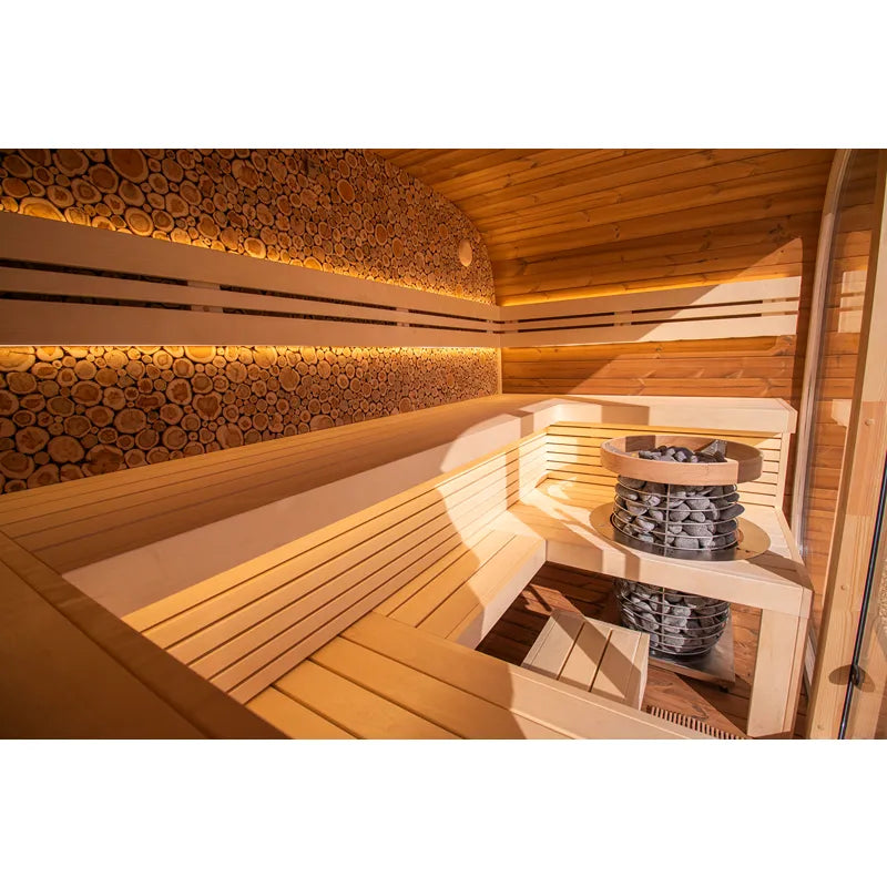 Leil® Round Cube Relax Gartensauna 6 Personen Innenraum mit Holzbänken und Saunaofen
