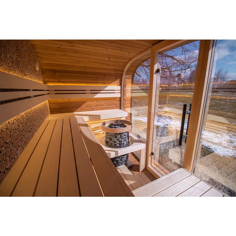 Leil® Round Cube Relax Gartensauna 6 Personen von Leil® Saunas mit Holzbänken, Saunaofen und großem Fenster