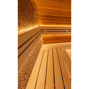 Leil® Round Cube Relax Gartensauna Innenraum mit Holzbänken und strukturierter Wandverkleidung
