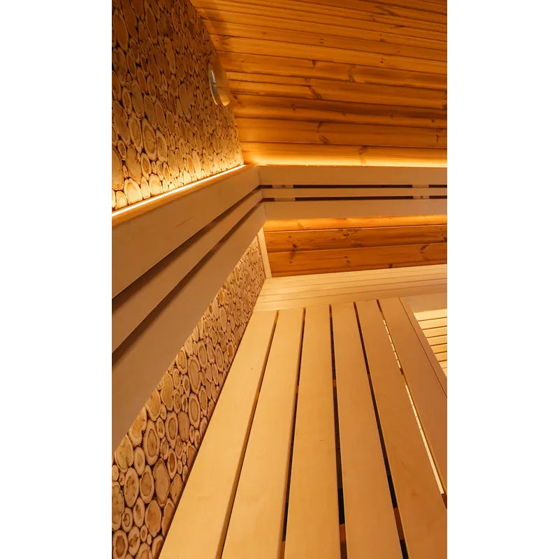 Leil® Round Cube Relax Gartensauna Innenraum mit Holzbänken und strukturierter Wandverkleidung
