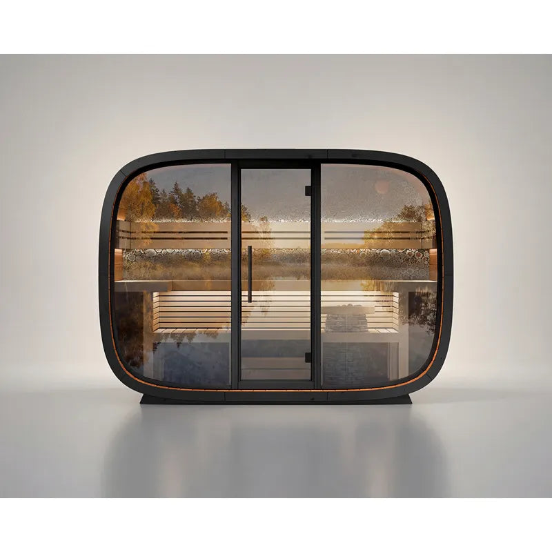 Leil® Round Cube Relax Gartensauna 6 Personen mit schwarzem Rahmen, Glastüren und Holzbänken im Innenraum