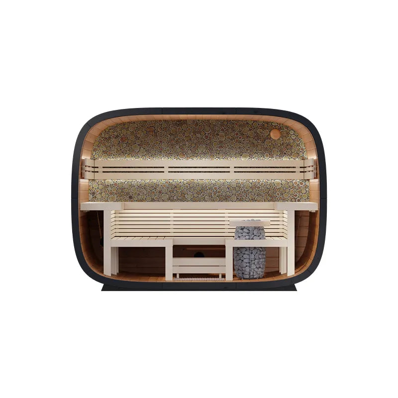 Leil® Round Cube Relax Gartensauna 6 Personen Innenansicht mit Holzbänken und Kieselstein-Wandverkleidung