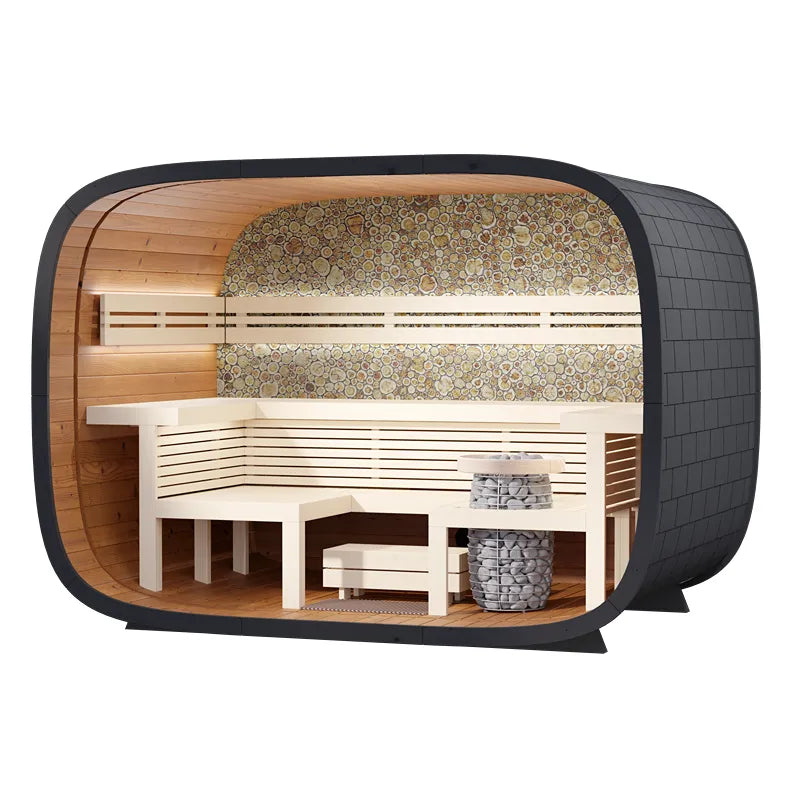 Leil® Round Cube Relax Gartensauna 6 Personen von Leil® Saunas mit Holzinnenraum, Holzbänken und dekorativem Rückenwand-Design