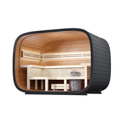 Leil® Round Cube Relax Gartensauna 6 Personen von Leil® Saunas mit Holzinnenraum, Holzbänken und Saunaofen