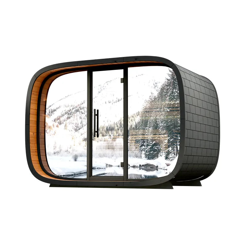 Leil® Round Cube Relax Gartensauna 6 Personen von Leil® Saunas mit großem Panoramafenster und Holzinnenausstattung