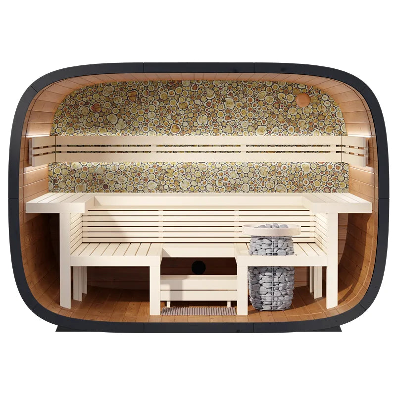 Leil® Round Cube Relax – Gartensauna 6 Personen von Leil® Saunas mit Holzbänken, Holzverkleidung und dekorativer Kieselstein-Rückwand