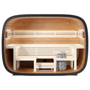 Leil® Round Cube Relax – Gartensauna 6 Personen Innenraum mit Holzbänken und Saunaofen