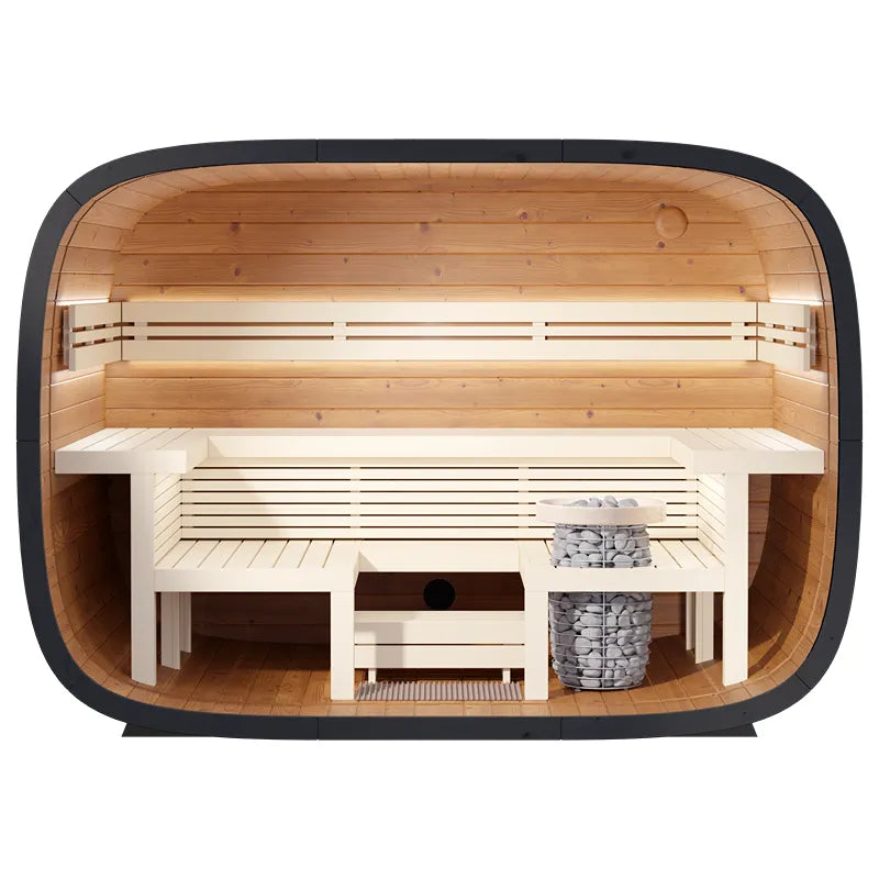 Leil® Round Cube Relax – Gartensauna 6 Personen Innenraum mit Holzbänken und Saunaofen