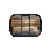 Leil® Round Cube Relax Gartensauna 6 Personen mit Holzbänken, Panoramafenstern und schwarzem Rahmen