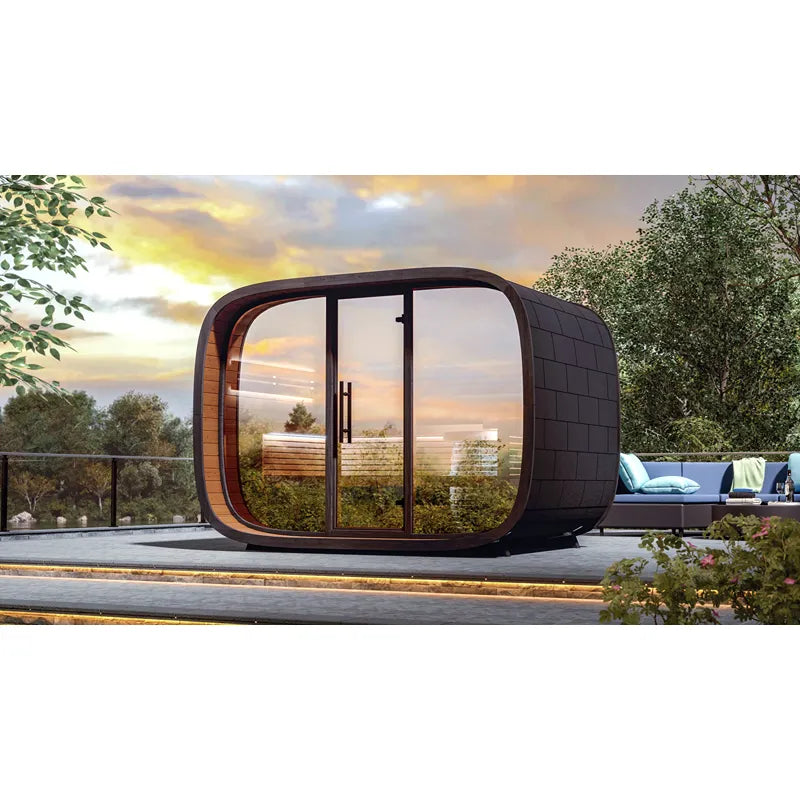 Leil® Round Cube Relax – Gartensauna 6 Personen mit schwarzem Design und großen Panoramafenstern in modernem Garten