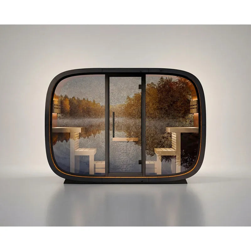 Leil Round Cube Single Premium Gartensauna mit rundem Design, Holzinnenraum mit Bänken und großen Fenstern