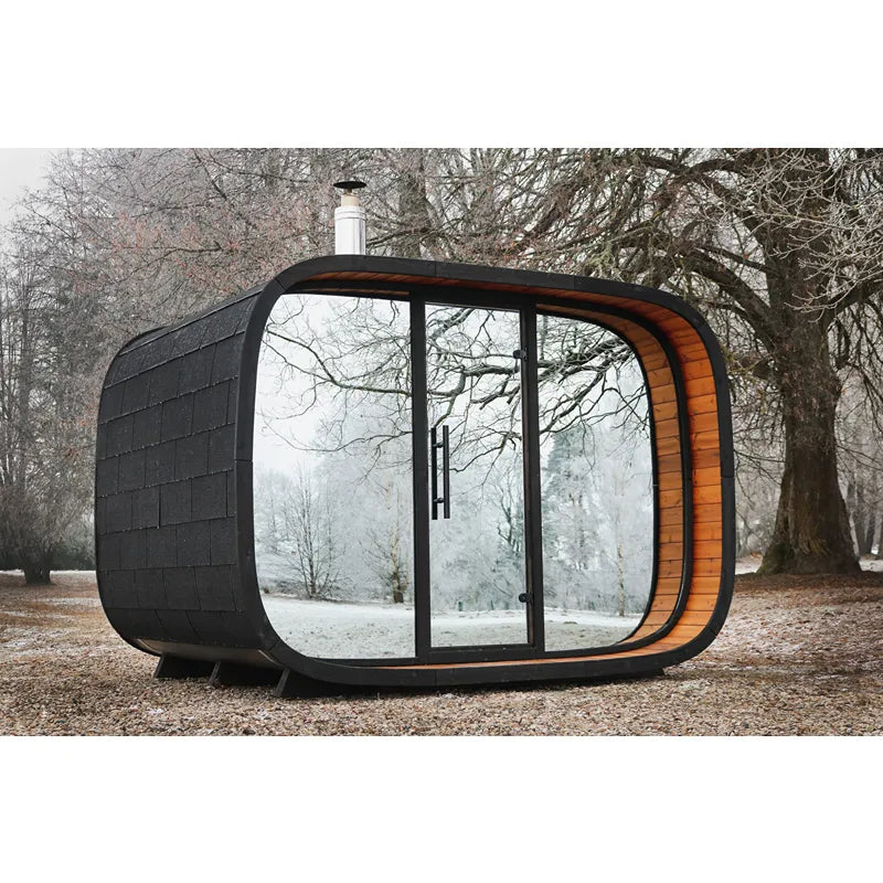 Leil Round Cube Single Premium Gartensauna 1 Raum mit schwarzer Außenseite und holzverkleideter Innenseite in Wintergarten