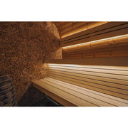 Leil Round Cube Single Premium Gartensauna Innenraum mit Holzbänken, dekorativer Holzwand und LED-Beleuchtung