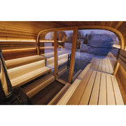 Leil Round Cube Single Premium Gartensauna 1 Raum von Leil Saunas mit Holzbänken und großen Glasfenstern
