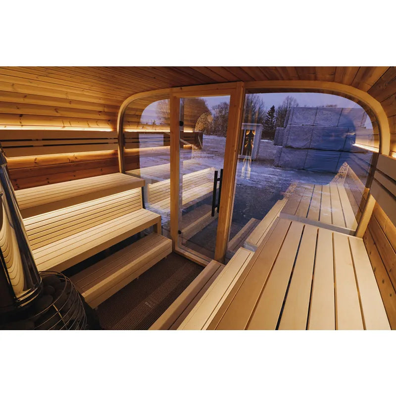 Leil Round Cube Single Premium Gartensauna 1 Raum von Leil Saunas mit Holzbänken und großen Glasfenstern