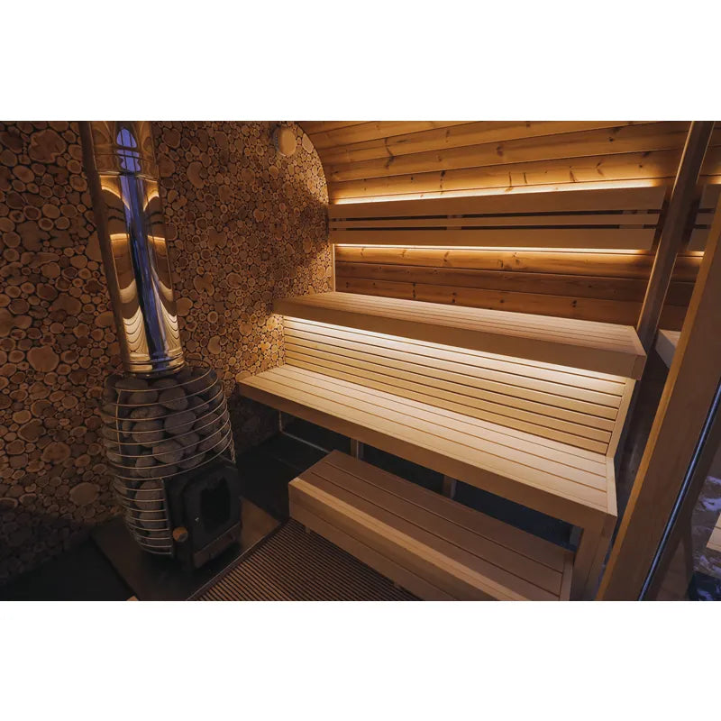 Leil Round Cube Single Premium Gartensauna 1 Raum Innenraum mit Holzbänken und modernem Saunaofen