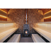 Leil Round Cube Single Premium Gartensauna 1 Raum Innenraum mit Holzbänken, Holzofen und dekorativer Holzwandverkleidung