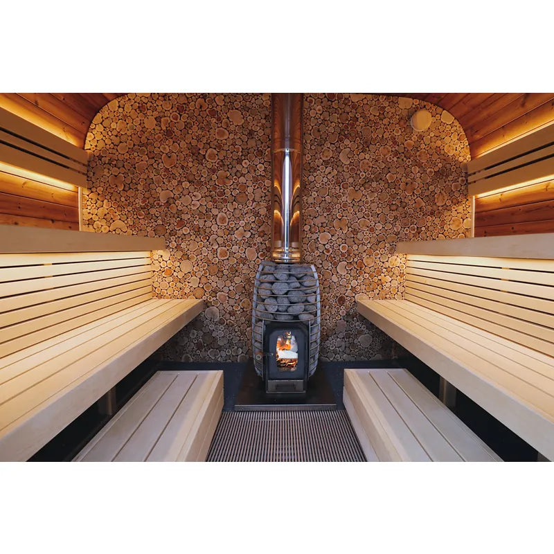 Leil Round Cube Single Premium Gartensauna 1 Raum Innenraum mit Holzbänken, Holzofen und dekorativer Holzwandverkleidung