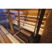 Leil Round Cube Single – Premium Gartensauna 1 Raum von Leil Saunas mit Holzbänken, Glastür und moderner LED-Beleuchtung im Innenraum