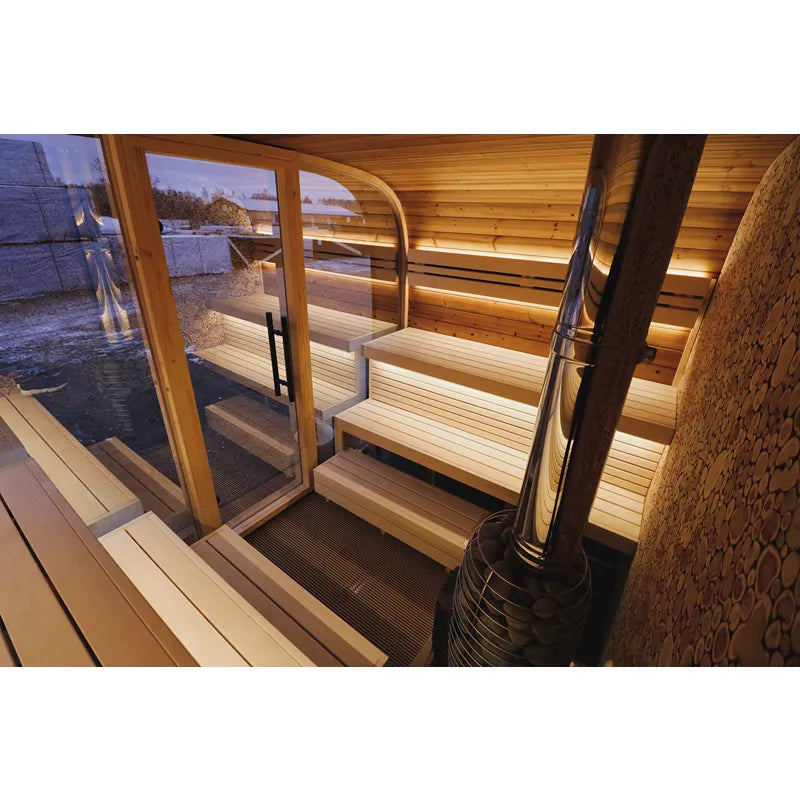 Leil Round Cube Single – Premium Gartensauna 1 Raum von Leil Saunas mit Holzbänken, Glastür und moderner LED-Beleuchtung im Innenraum
