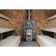 Leil Round Cube Single – Premium Gartensauna 1 Raum Innenraum mit Holzbänken und Ofen