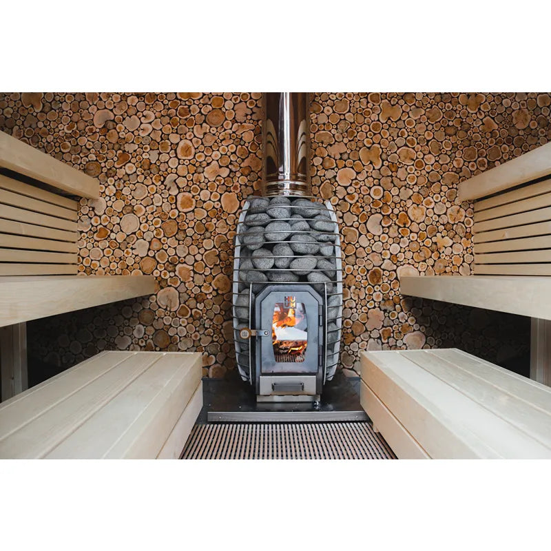 Leil Round Cube Single – Premium Gartensauna 1 Raum Innenraum mit Holzbänken und Ofen