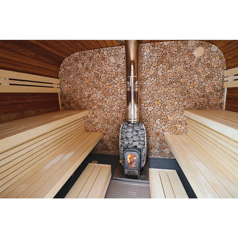 Leil Round Cube Single Premium Gartensauna Innenraum mit Holzbänken, Holzdecke und Kachelbausteinen an der Wand