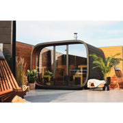 Leil Round Cube Single – Premium Gartensauna 1 Raum von Leil Saunas mit großen Panoramafenstern in modernem Garten