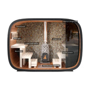 Leil Round Cube Single Gartensauna Innenraum mit Thermowood-Wänden, Holzofen und Sitzbänken