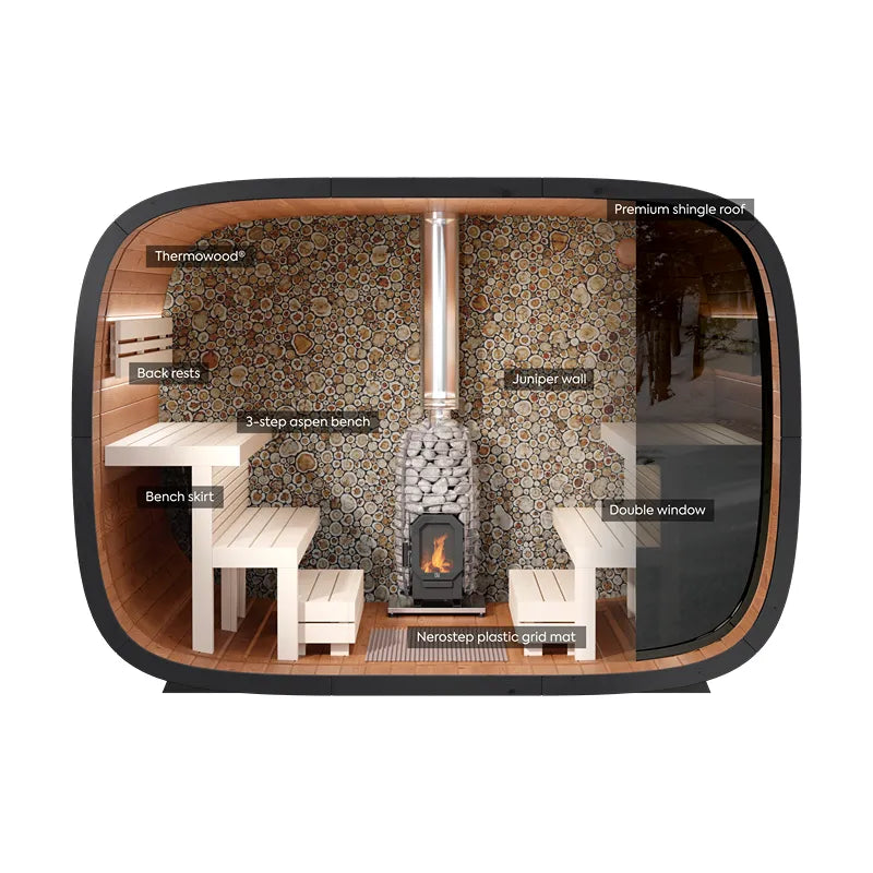 Leil Round Cube Single Gartensauna Innenraum mit Thermowood-Wänden, Holzofen und Sitzbänken
