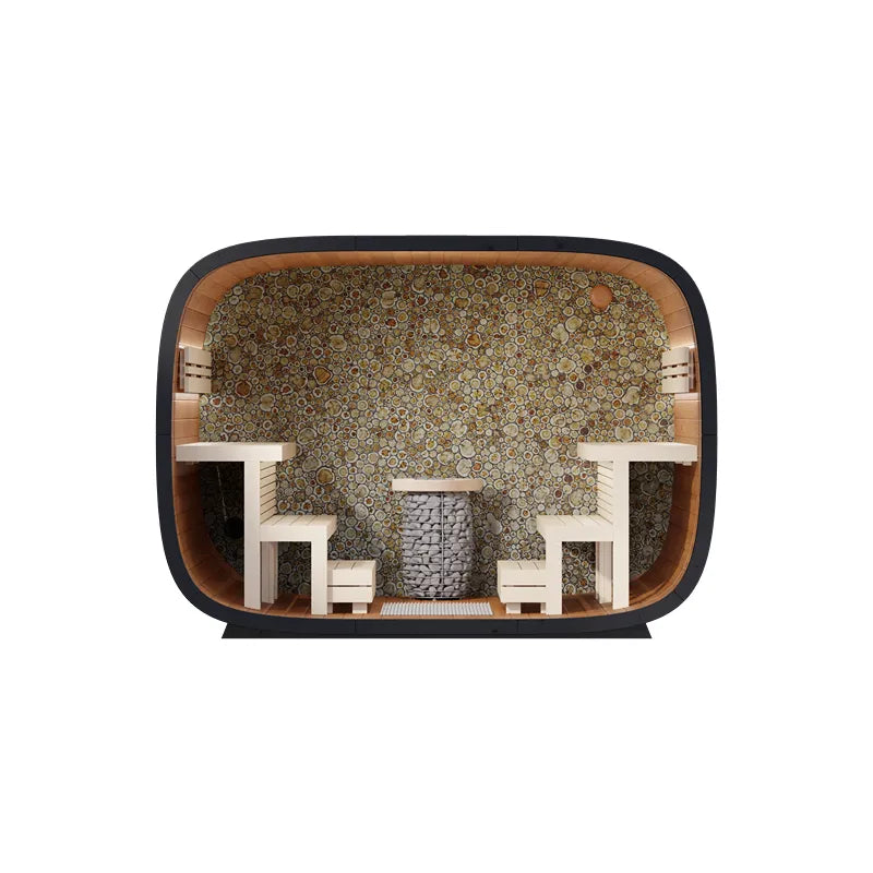 Leil Round Cube Single Premium Gartensauna Innenraum mit Holzbanken und Holzverkleidung