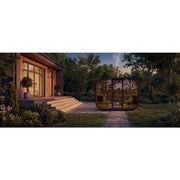 Leil Round Cube Single Premium Gartensauna 1 Raum mit Panorama-Fenster im modernen Garten neben Designhaus