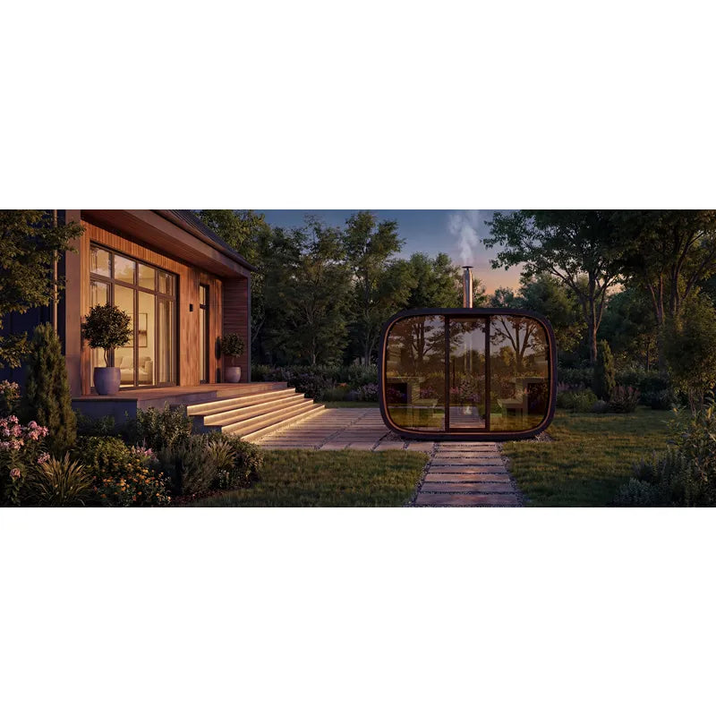 Leil Round Cube Single Premium Gartensauna 1 Raum mit Panorama-Fenster im modernen Garten neben Designhaus