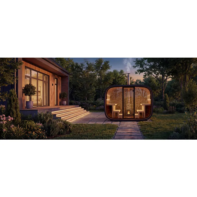 Leil Round Cube Single Premium Gartensauna 1 Raum mit rundem Design im Garten, beleuchtet, neben moderner Gartenarchitektur