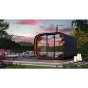 Leil Round Cube Single – Premium Gartensauna 1 Raum mit runderm Design und großen Glasfenstern in modernem Garten am See