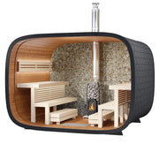 Leil Round Cube Single Premium Gartensauna 1 Raum von Leil Saunas mit Holzbänken, Natursteinkacheln und Ofen