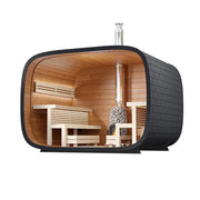 Leil Round Cube Single Premium Gartensauna 1 Raum von Leil Saunas mit Holzinnenraum, Sitzbänken und Ofen