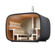 Leil Round Cube Single Premium Gartensauna 1 Raum von Leil Saunas mit Holzbank und Saunaofen Innenansicht