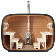 Leil Round Cube Single Premium Gartensauna von Leil Saunas mit Holzinnenraum, Saunabänken und zentralem Ofen