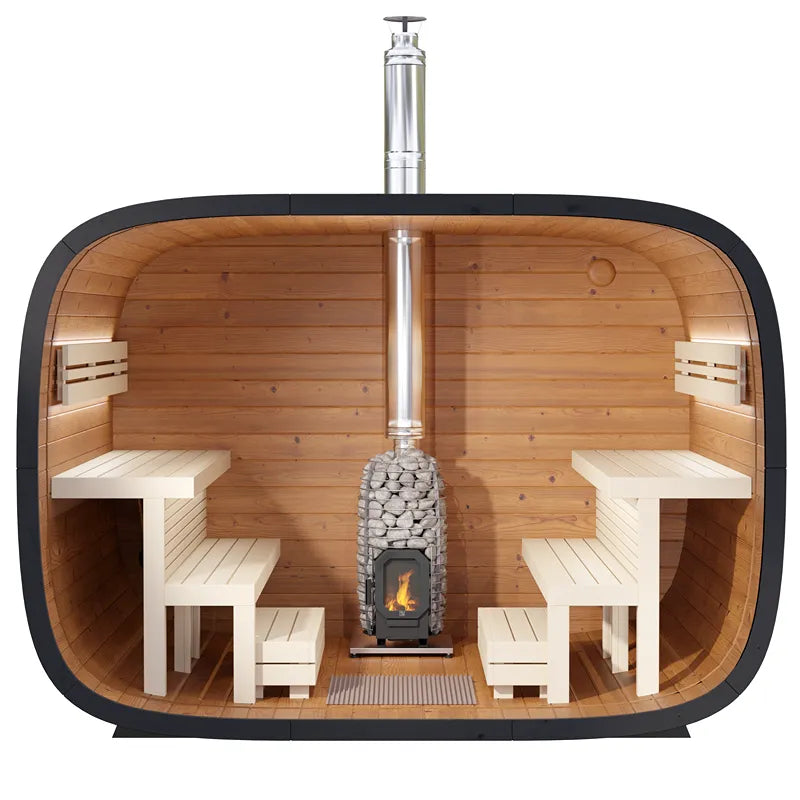 Leil Round Cube Single Premium Gartensauna von Leil Saunas mit Holzinnenraum, Saunabänken und zentralem Ofen