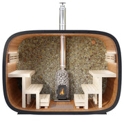 Leil Round Cube Single Premium Gartensauna 1 Raum Innenraum mit Holzbänken, Kachelofen und Holzverkleidung