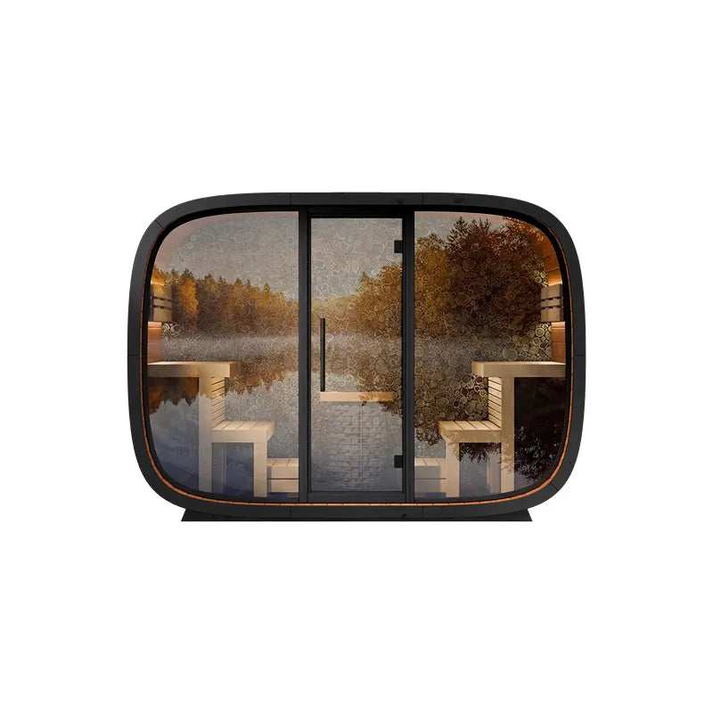 Leil Round Cube Single Premium Gartensauna 1 Raum mit Holzbänken und großen Fenstern, Waldblick