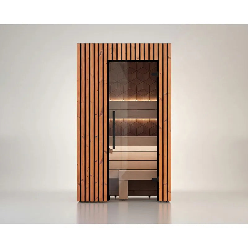 Leil® Saunas Como 1-120 Innensauna für 1 Person mit Holzverkleidung und Glastür, Innenansicht mit Holzbänken