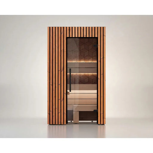 Leil® Saunas Como 1-120 Innensauna für 1 Person mit Holzverkleidung und Glastür, Innenansicht mit Holzbänken