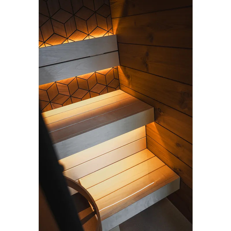 Leil® Saunas Como 1-120 Innensauna für 1 Person - Innenansicht mit Holzbänken und LED-Beleuchtung